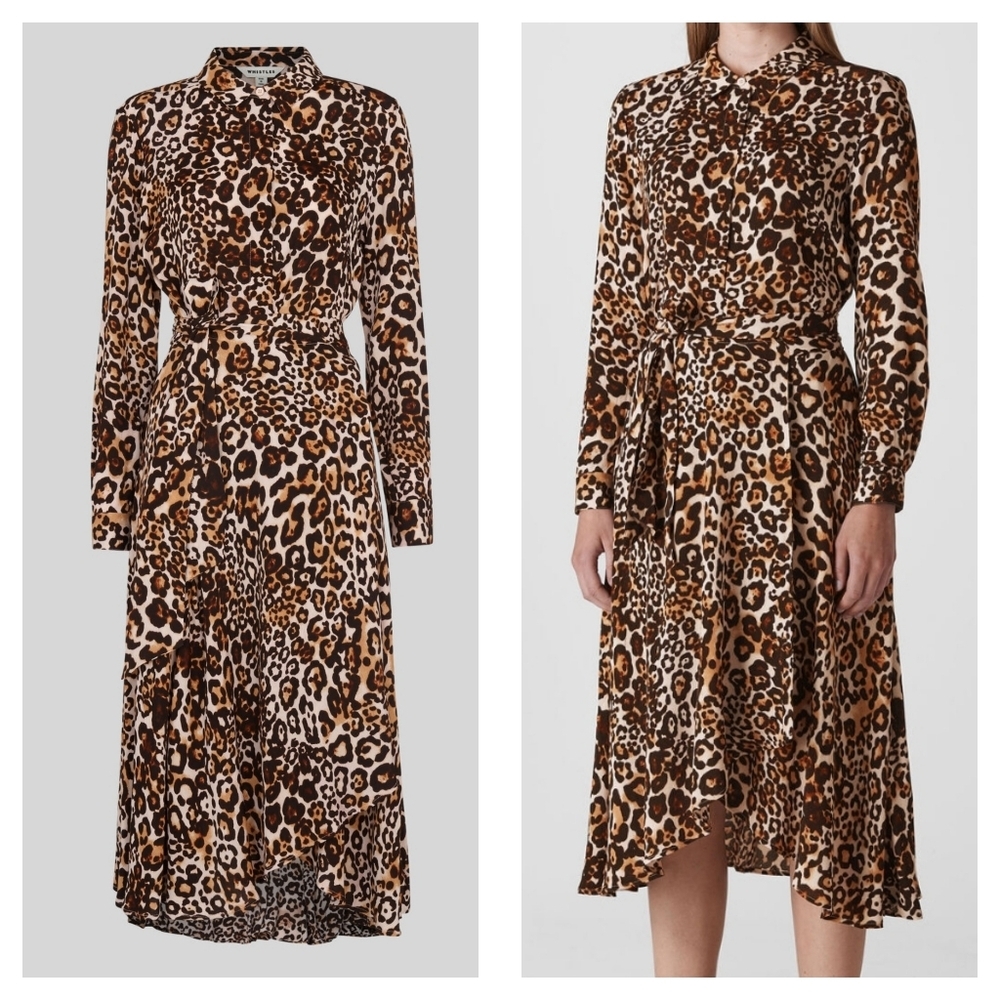 Whistles Esme Leopard Shirt Crepe Wrap Midi Dress in Leopard Print US 12